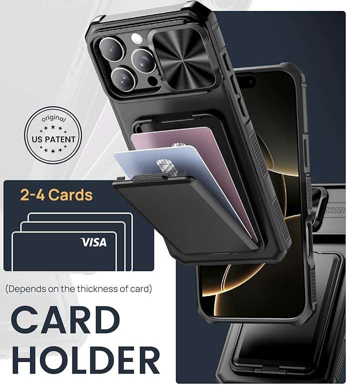 SSLOTSCASE for iPhone 16 Pro Max Case with Card Holder & Kickstand & Slide Camera Lens Cover, Silicone Edge Protection Rugged Heavy Duty Phone Case Cover for iPhone 16 Pro Max 6.9'' 2024, Black - Image 3