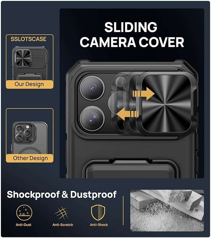 SSLOTSCASE for iPhone 16 Pro Max Case with Card Holder & Kickstand & Slide Camera Lens Cover, Silicone Edge Protection Rugged Heavy Duty Phone Case Cover for iPhone 16 Pro Max 6.9'' 2024, Black - Image 5