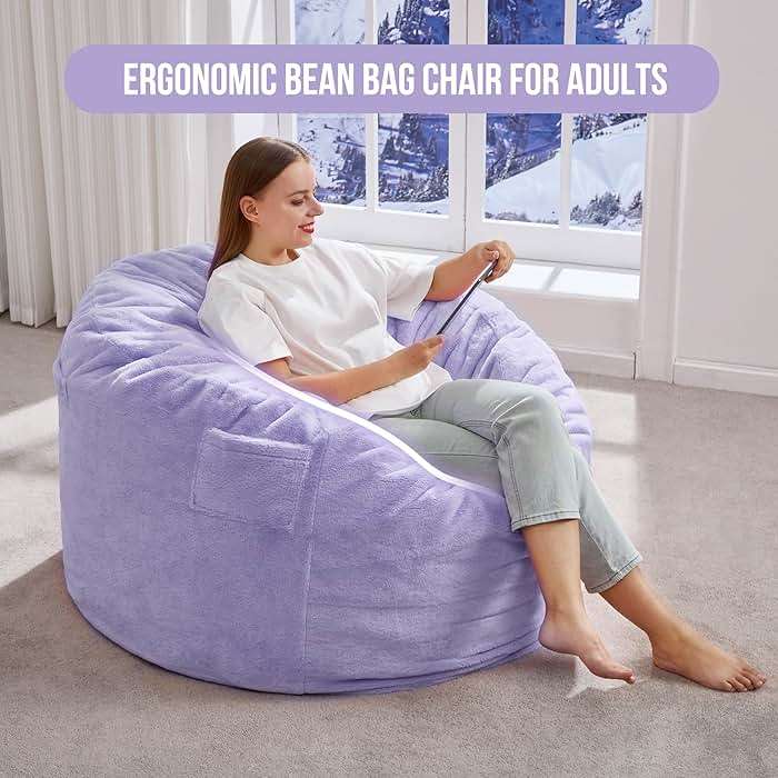 Hobestluk 3FT Bean Bag Chairs for Adults Large Beanbag Chair with Plush Faux Fur Cover Big Bean Bag Chair for Living Room Bedroom Dorm Office -Purple (36” x 36” x 22”) - Image 3
