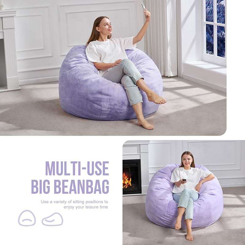 Hobestluk 3FT Bean Bag Chairs for Adults Large Beanbag Chair with Plush Faux Fur Cover Big Bean Bag Chair for Living Room Bedroom Dorm Office -Purple (36” x 36” x 22”) - Image 5