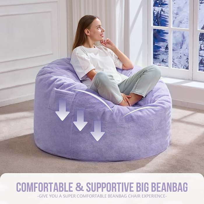 Hobestluk 3FT Bean Bag Chairs for Adults Large Beanbag Chair with Plush Faux Fur Cover Big Bean Bag Chair for Living Room Bedroom Dorm Office -Purple (36” x 36” x 22”) - Image 6