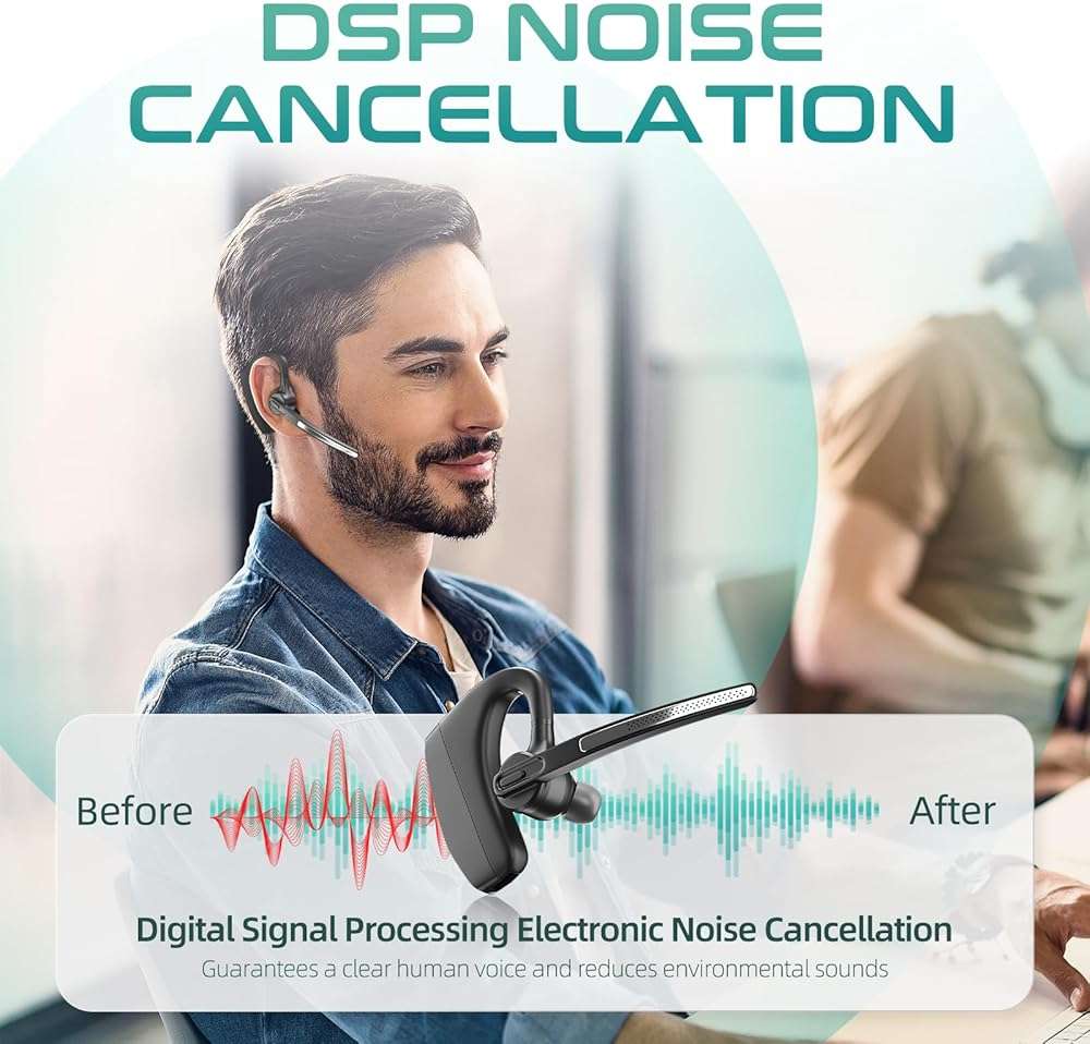 Herloreen Bluetooth Headset with Mic for Work, Wireless Earpiece for PC Laptop and Phone, Noise Canceling Mic, 48H Talk Time, Charging Case, for Call Center, Remote Work, Trucker - Image 2