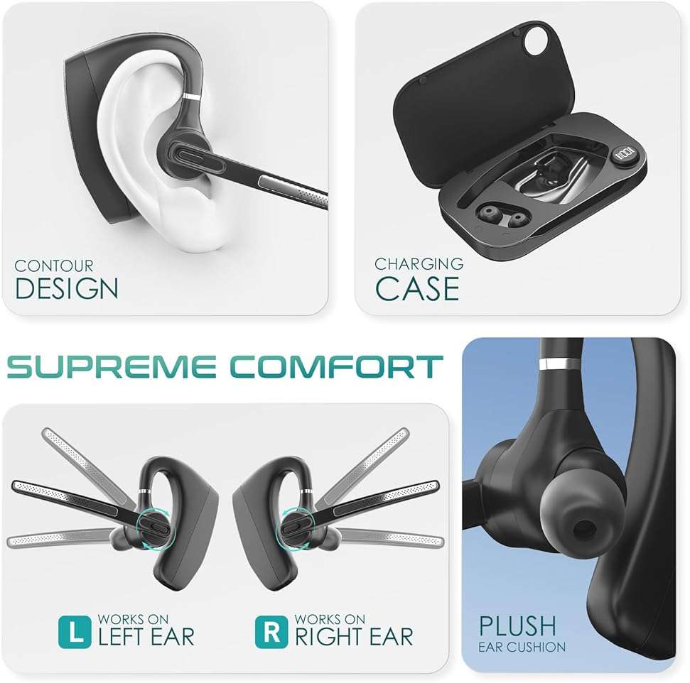 Herloreen Bluetooth Headset with Mic for Work, Wireless Earpiece for PC Laptop and Phone, Noise Canceling Mic, 48H Talk Time, Charging Case, for Call Center, Remote Work, Trucker - Image 7