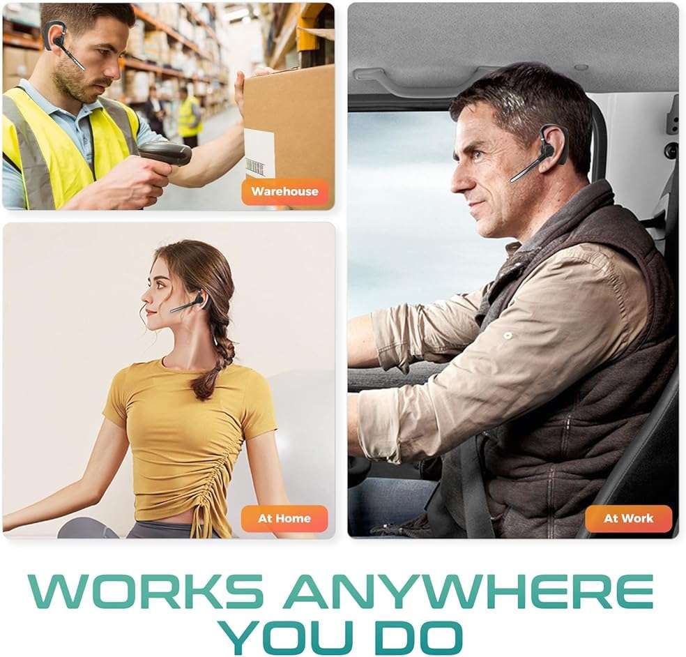 Herloreen Bluetooth Headset with Mic for Work, Wireless Earpiece for PC Laptop and Phone, Noise Canceling Mic, 48H Talk Time, Charging Case, for Call Center, Remote Work, Trucker - Image 8