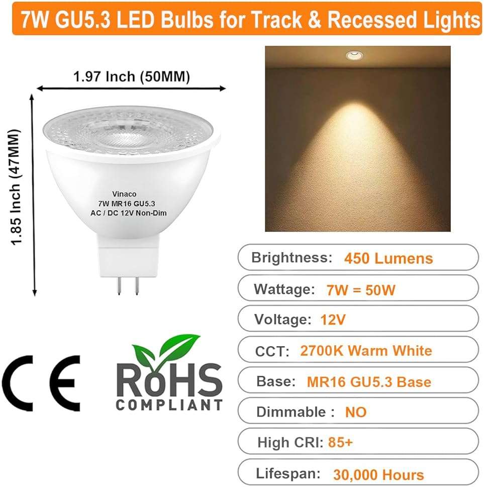 Vinaco MR16 LED Bulb 2700K 7W Warm White 450LM High Brightness MR16 Bulb GU5.3 Bi-pin Base(50W Halogen Equivalent) Non-dimmable, 38°GU5.3 Light Bulb LED for Landscape Lighting Track Lighting - Image 2
