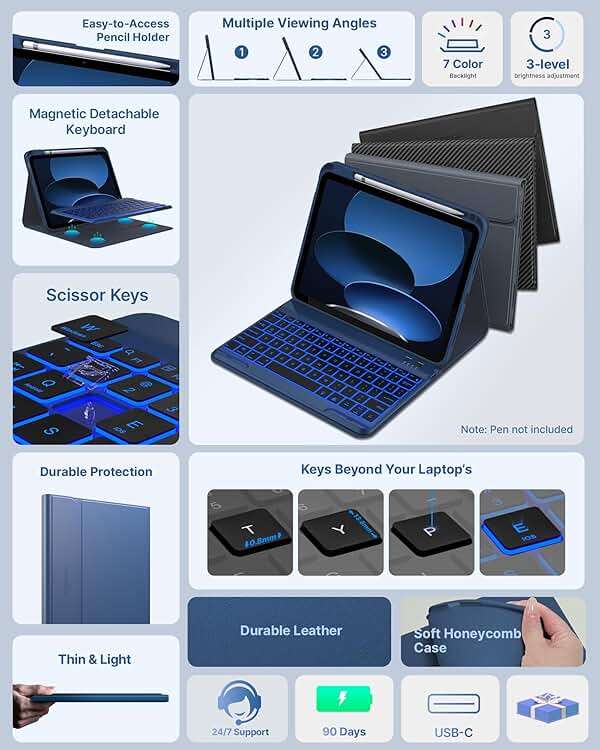 typecase Folio iPad 11th/10th Gen Keyboard Case (11" A16 2025 & 10.9" 2022) – Magnetic Wireless Detachable Keyboard, 7-Color Backlight, Thin & Light, Pencil Holder – Marine Blue - Image 3