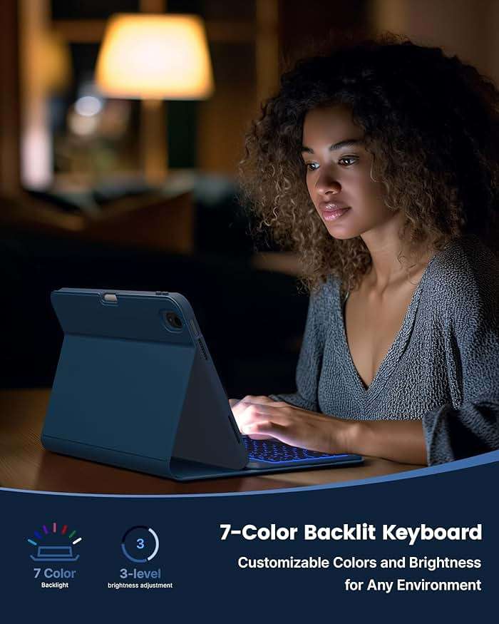 typecase Folio iPad 11th/10th Gen Keyboard Case (11" A16 2025 & 10.9" 2022) – Magnetic Wireless Detachable Keyboard, 7-Color Backlight, Thin & Light, Pencil Holder – Marine Blue - Image 7