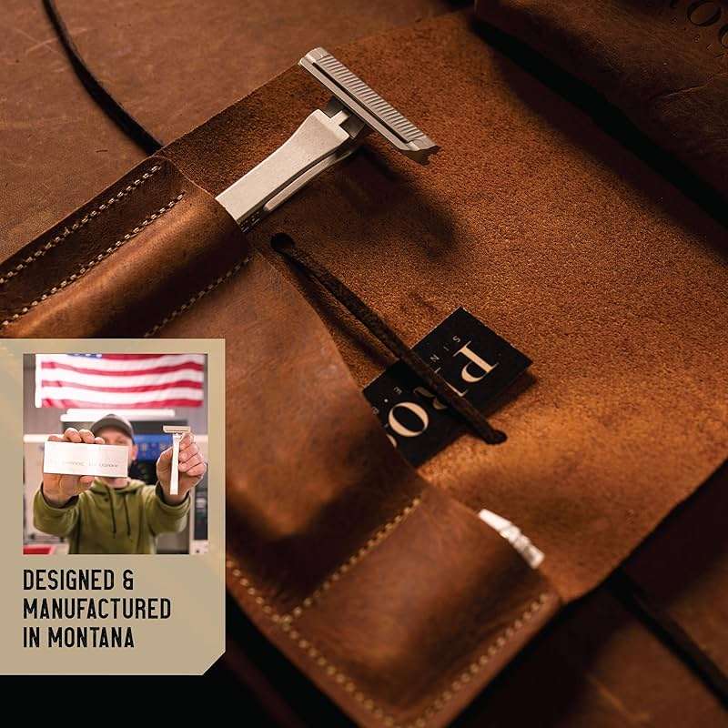 PROOF Select Single Blade Razor for Men with Pivoting Head Made in USA - CNC Machined Aluminum Easy Blade Replacement - Includes Genuine Leather Travel Case, Suction Cup Holder and Safety Razor Blades - Image 2