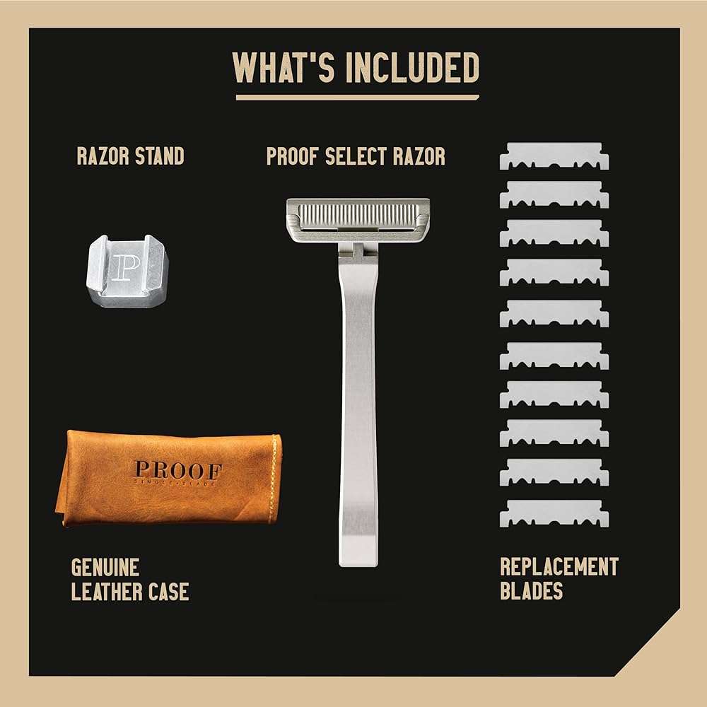 PROOF Select Single Blade Razor for Men with Pivoting Head Made in USA - CNC Machined Aluminum Easy Blade Replacement - Includes Genuine Leather Travel Case, Suction Cup Holder and Safety Razor Blades - Image 4