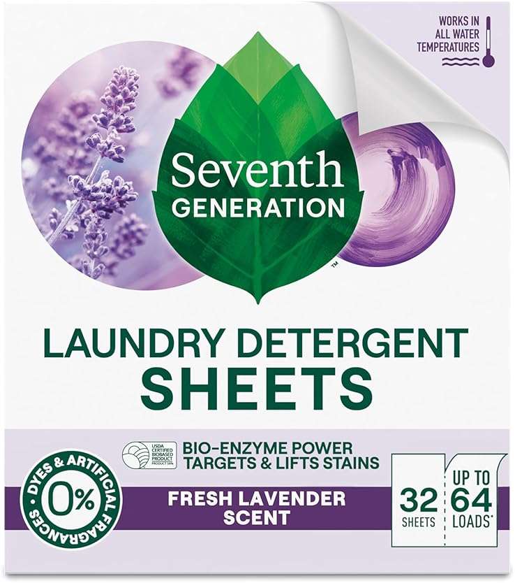 Seventh Generation Laundry Detergent Sheets, Up to 64 Loads, Fresh Lavender Scent, Removes Tough Stains, 0% Dyes and Artificial Fragrances, Safer for your family - Image 1