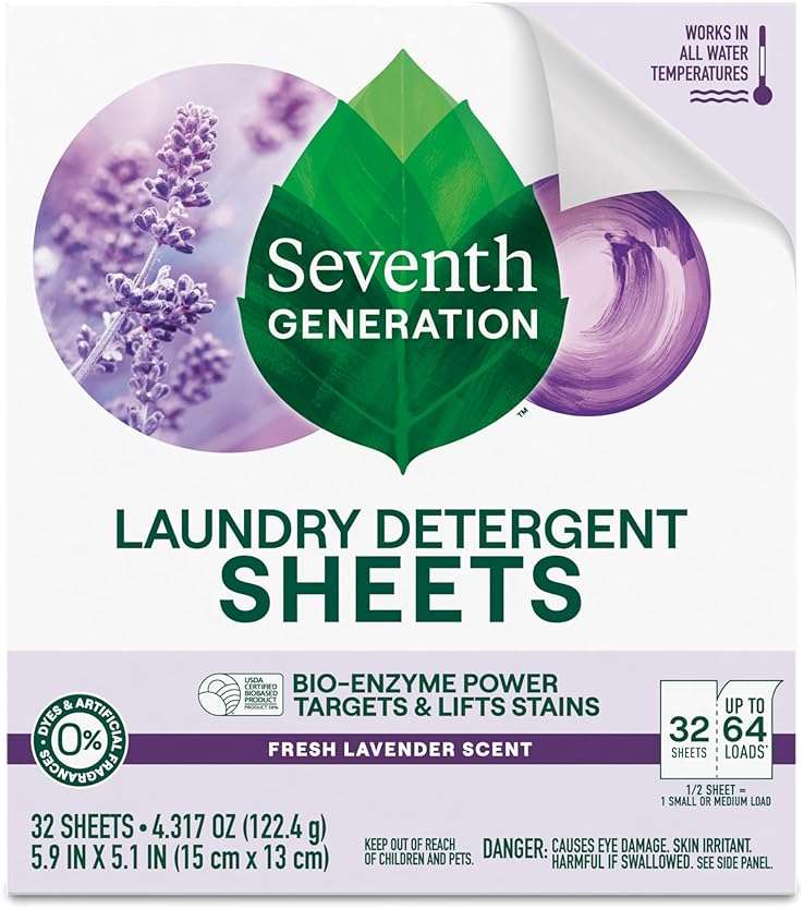 Seventh Generation Laundry Detergent Sheets, Up to 64 Loads, Fresh Lavender Scent, Removes Tough Stains, 0% Dyes and Artificial Fragrances, Safer for your family - Image 3