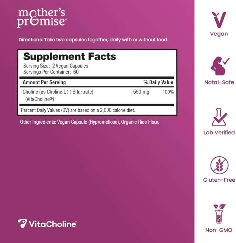Prenatal Choline Supplements 550mg | 120 Capsules | Supports Baby’s Brain Development & Cognitive Function During Pregnancy & Nursing | Ultra Pure Natal VitaCholine, Vegan Choline Bitartrate for Women - Image 2