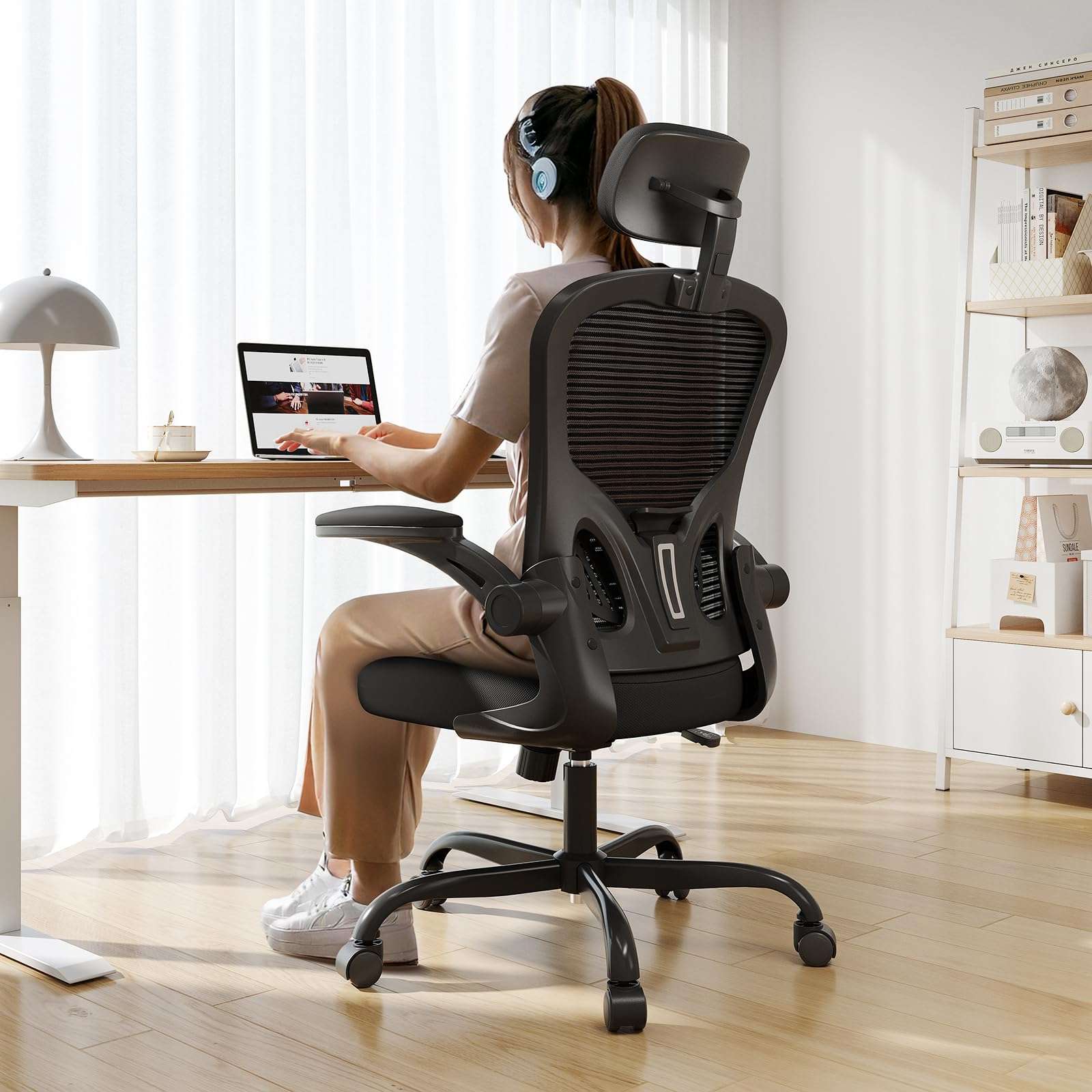 Office Chair Ergonomic Desk Chair, 330LBS Capacity, High Back Computer Chair for Long Hours Comfortable, Rolling Swivel Executive Task Chair for Home Office with Flip-up Armrests, Black - Image 1