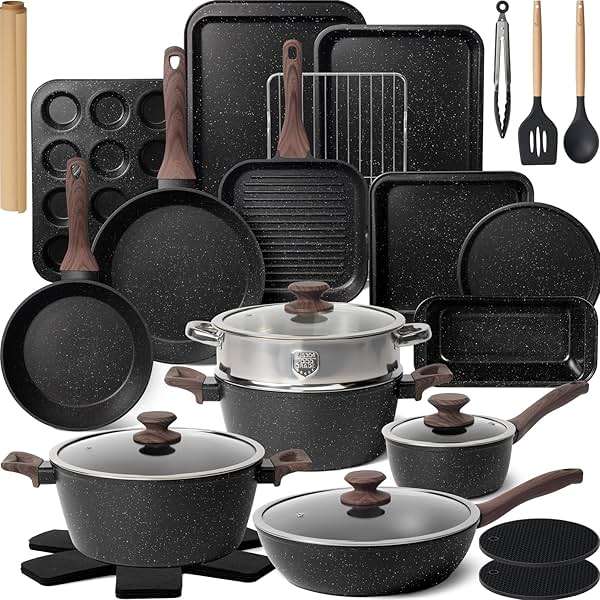 Kikcoin Pots and Pans Set Non Stick 31 Piece Kitchen Nonstick Cooking Cookware Sets with Grill Pan Saucepan Baking Sheet Utensil, Black - Image 1