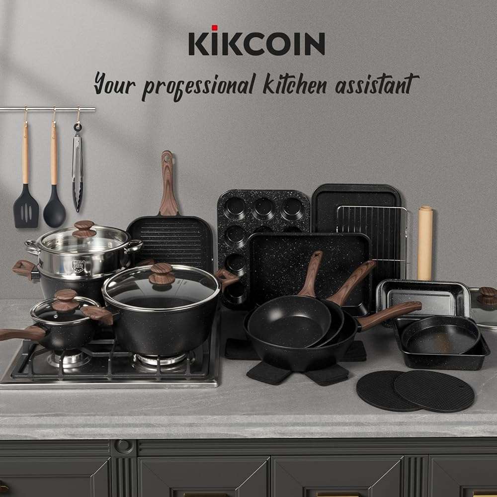 Kikcoin Pots and Pans Set Non Stick 31 Piece Kitchen Nonstick Cooking Cookware Sets with Grill Pan Saucepan Baking Sheet Utensil, Black - Image 2