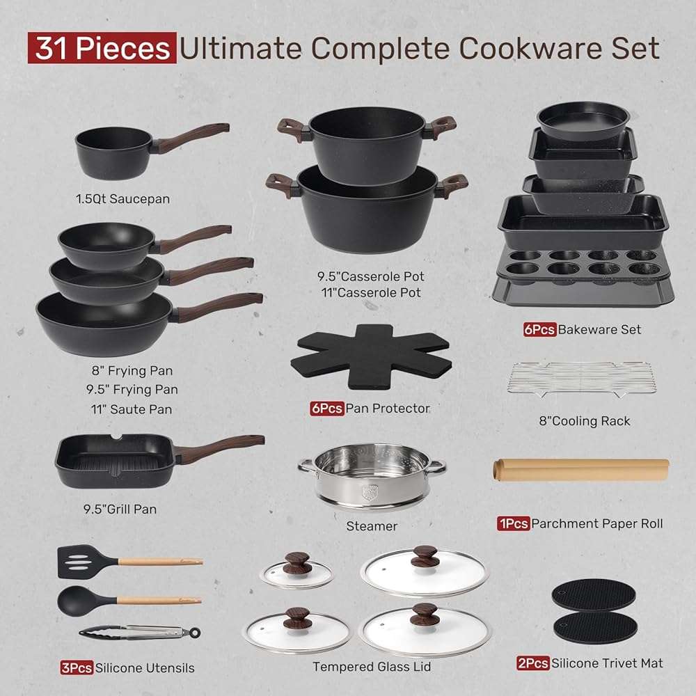 Kikcoin Pots and Pans Set Non Stick 31 Piece Kitchen Nonstick Cooking Cookware Sets with Grill Pan Saucepan Baking Sheet Utensil, Black - Image 3