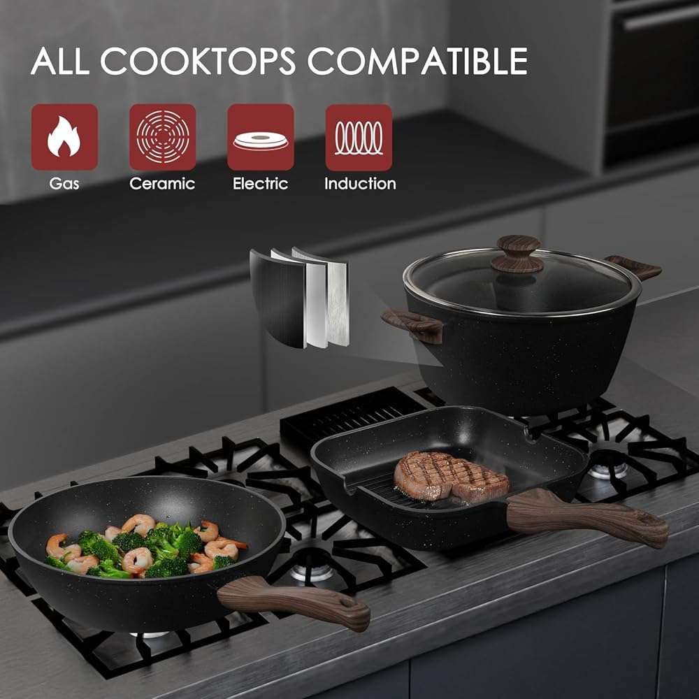 Kikcoin Pots and Pans Set Non Stick 31 Piece Kitchen Nonstick Cooking Cookware Sets with Grill Pan Saucepan Baking Sheet Utensil, Black - Image 5
