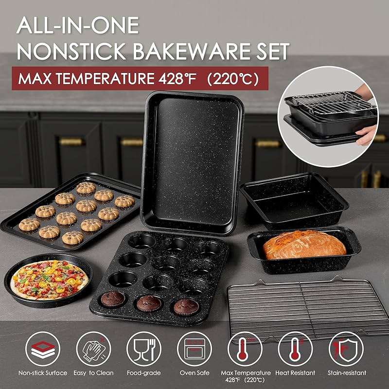 Kikcoin Pots and Pans Set Non Stick 31 Piece Kitchen Nonstick Cooking Cookware Sets with Grill Pan Saucepan Baking Sheet Utensil, Black - Image 7