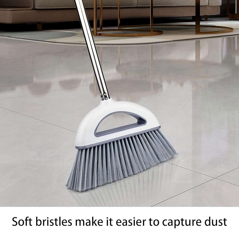 Angle Broom for Hardwood Floors - Soft Bristled Kitchen Broom, Indoor & Office Use (Off White) - Image 2