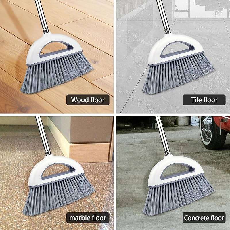 Angle Broom for Hardwood Floors - Soft Bristled Kitchen Broom, Indoor & Office Use (Off White) - Image 5