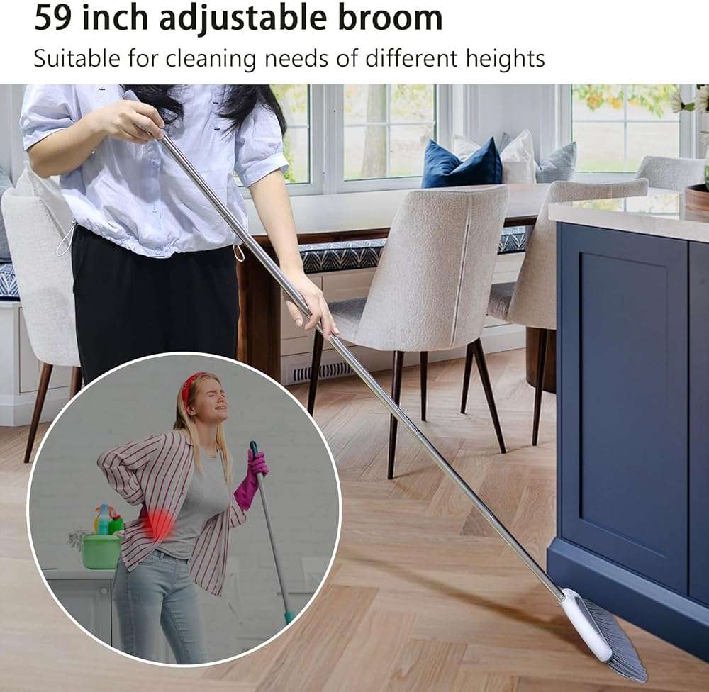Angle Broom for Hardwood Floors - Soft Bristled Kitchen Broom, Indoor & Office Use (Off White) - Image 6