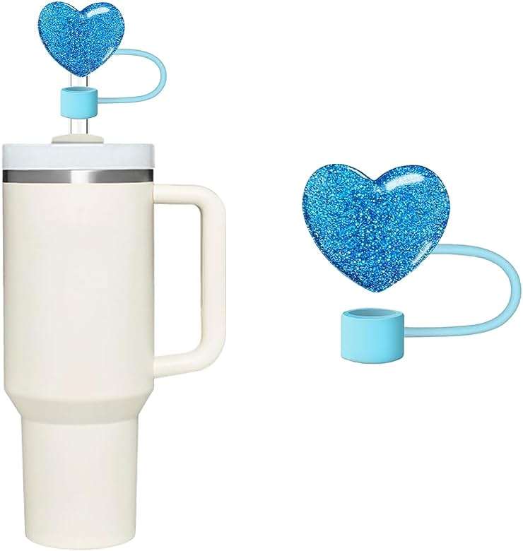 Bling Hearts Silicone Straw Cover for Stanley 40&30 Oz Cup, Cute Topper for Tumblers, Stopper for Reusable Straws (Blue) - Image 1