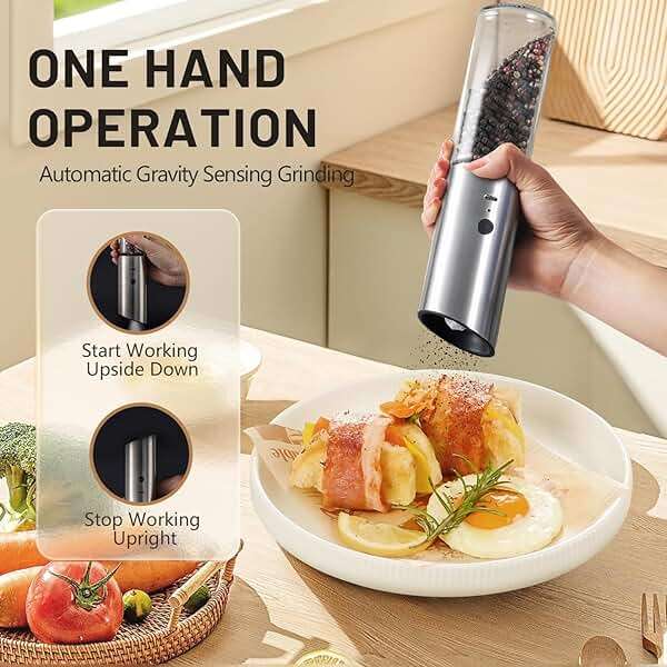 Solisifime Gravity Electric Salt and Pepper Grinder Set, USB Rechargeable Stainless Steel Mills with Large Capacity Tall Glass, LED Light, Adjustable Coarseness, Ideal for Kitchen and Dining(2PCS) - Image 3