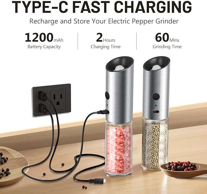 Solisifime Gravity Electric Salt and Pepper Grinder Set, USB Rechargeable Stainless Steel Mills with Large Capacity Tall Glass, LED Light, Adjustable Coarseness, Ideal for Kitchen and Dining(2PCS) - Image 5