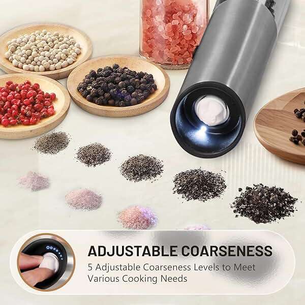Solisifime Gravity Electric Salt and Pepper Grinder Set, USB Rechargeable Stainless Steel Mills with Large Capacity Tall Glass, LED Light, Adjustable Coarseness, Ideal for Kitchen and Dining(2PCS) - Image 6