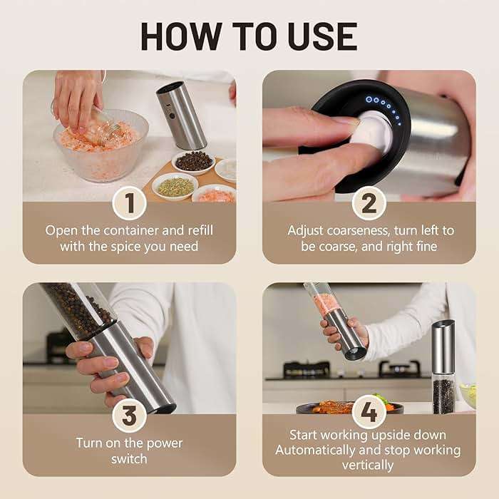Solisifime Gravity Electric Salt and Pepper Grinder Set, USB Rechargeable Stainless Steel Mills with Large Capacity Tall Glass, LED Light, Adjustable Coarseness, Ideal for Kitchen and Dining(2PCS) - Image 7