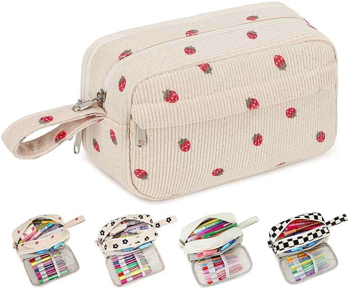 Bluboon Big Capacity Pencil Case Pencil Pouch Pen Case School Supplies Cute Pencil Box Pencil Bag for Teen Girls Boys Women Man (Strawberry Beige) - Image 1