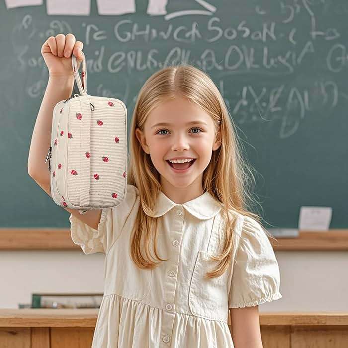 Bluboon Big Capacity Pencil Case Pencil Pouch Pen Case School Supplies Cute Pencil Box Pencil Bag for Teen Girls Boys Women Man (Strawberry Beige) - Image 8