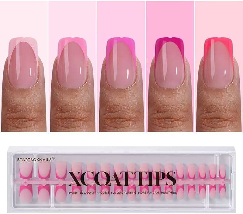 BTArtboxnails French Tip Press On Nails - Pink Short Square Press On Nails, Soft Gel Nail Tips, 160Pcs Soak Off Acrylic Fake Nail Extension in 16 Sizes - Image 1