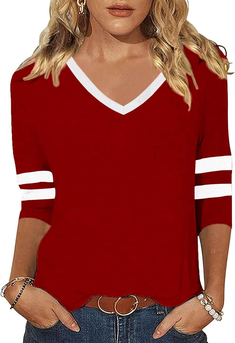 ZUNQKG V Neck Shirt for Womens 3/4 Sleeve Raglan Patchwork Soft Casual Trendy Summer Blouse Tops - Image 1