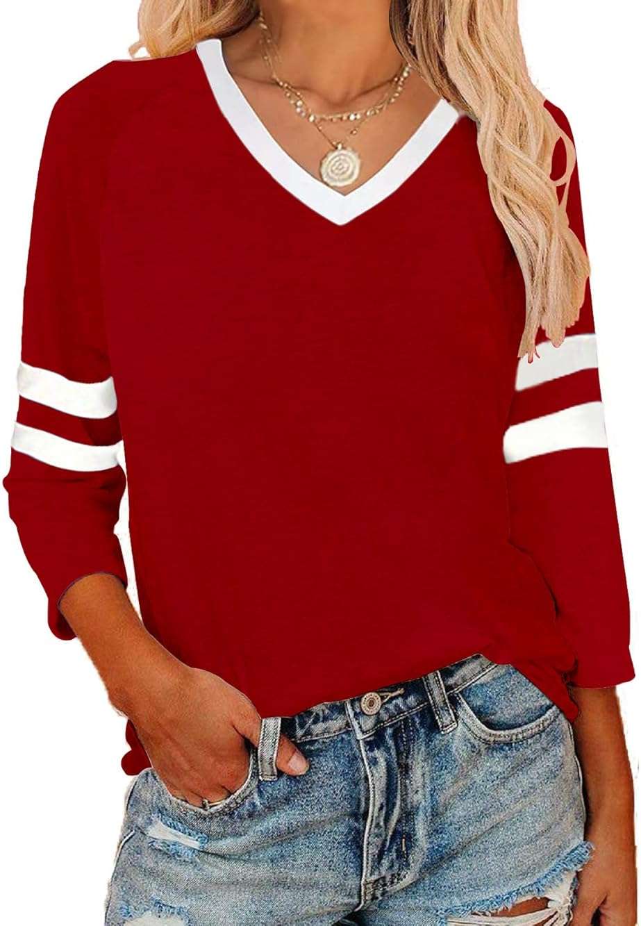 ZUNQKG V Neck Shirt for Womens 3/4 Sleeve Raglan Patchwork Soft Casual Trendy Summer Blouse Tops - Image 2