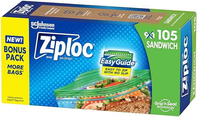 Ziploc Sandwich and Snack Bags with EasyGuide Texture, Plastic Storage Bags with Grip 'n Seal Technology, 105 Bags Total - Image 1