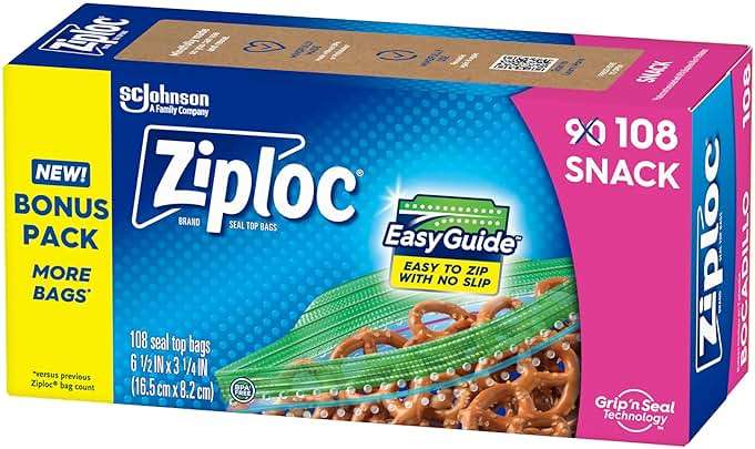 Ziploc Snack Bags, Easy Open and Close, Small Plastic Food Storage Bags, 108 Bags Total - Image 1