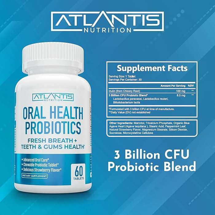 Atlantis Nutrition Oral Probiotics Chewable Tablet - Dental Probiotic for Gum Care & Teeth Care - Bad Breath Treatment for Adults - 3 Billion CFU Probiotic Blend/Tablet - Strawberry Flavor- 60 Tablets - Image 5