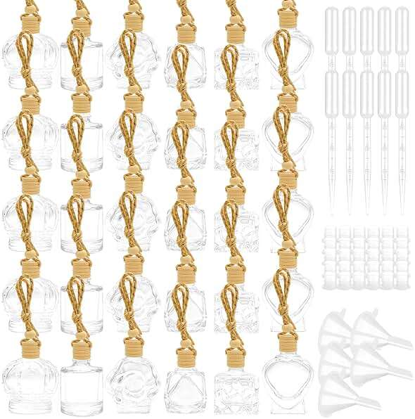 Waltool 30 Pcs Clear Glass Car Air Freshener Diffuser with Wooden Caps & Hanging String, Empty Essential Oil Bottles Aromatherapy Fragrance Perfume Vials Holder for Car Decor - Image 1