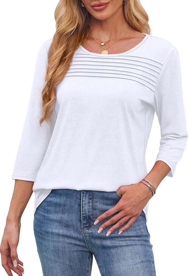 OFEEFAN Womens Tops 3/4 Length Sleeve Blouses Dressy Casual Spring Summer Fall Outfits Pleated Front T Shirts Curved Hem - Image 3