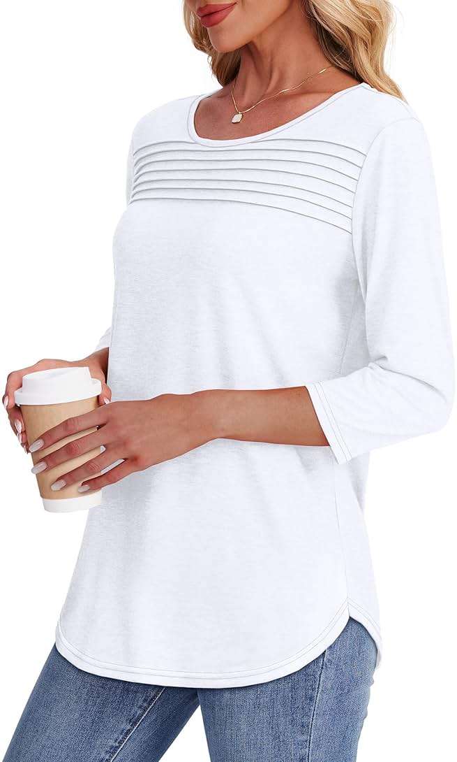 OFEEFAN Womens Tops 3/4 Length Sleeve Blouses Dressy Casual Spring Summer Fall Outfits Pleated Front T Shirts Curved Hem - Image 4