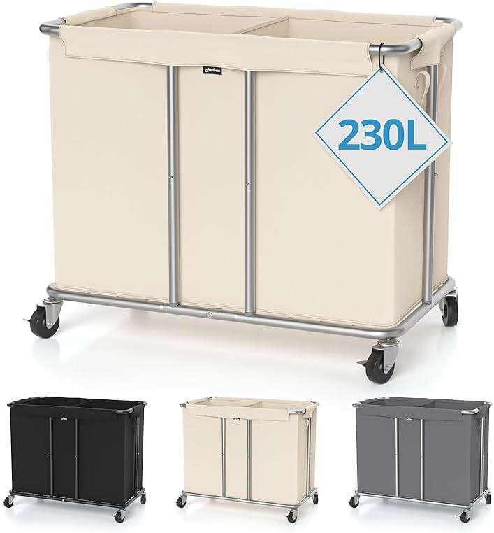 Hodonas 230L Rolling Laundry Hamper, 2-Section Laundry Basket with Wheels, 61 Gallons Laundry Sorter with Metal Structure and Removable Liner, Clothes Hamper for Laundry Room, Bathroom, Bedroom, Beige - Image 1