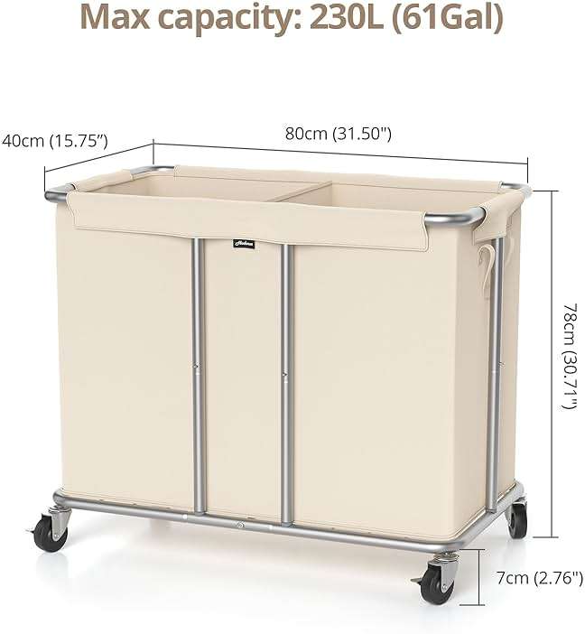 Hodonas 230L Rolling Laundry Hamper, 2-Section Laundry Basket with Wheels, 61 Gallons Laundry Sorter with Metal Structure and Removable Liner, Clothes Hamper for Laundry Room, Bathroom, Bedroom, Beige - Image 2