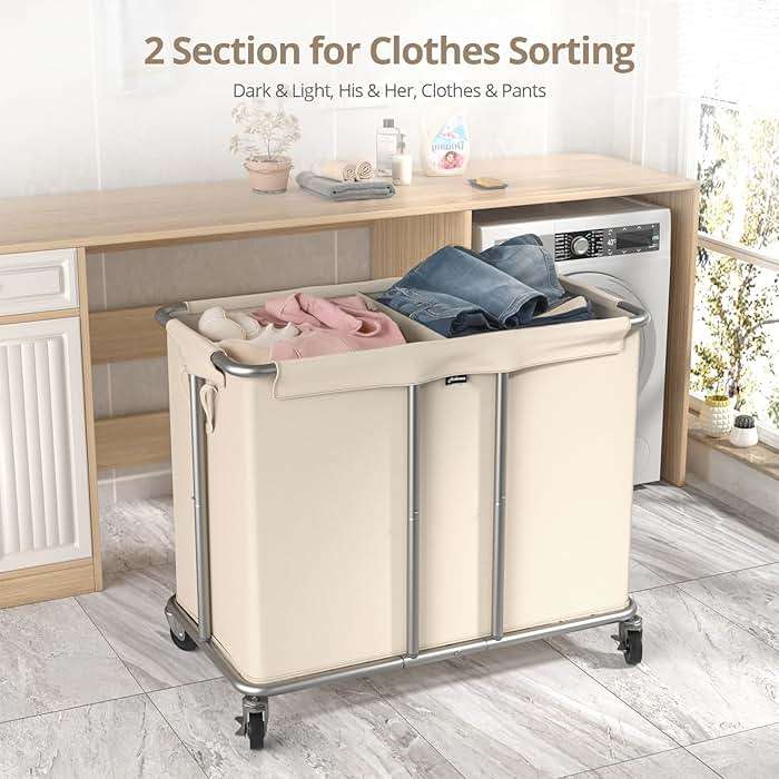 Hodonas 230L Rolling Laundry Hamper, 2-Section Laundry Basket with Wheels, 61 Gallons Laundry Sorter with Metal Structure and Removable Liner, Clothes Hamper for Laundry Room, Bathroom, Bedroom, Beige - Image 3