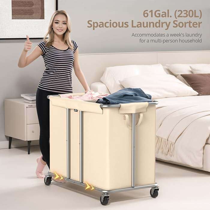 Hodonas 230L Rolling Laundry Hamper, 2-Section Laundry Basket with Wheels, 61 Gallons Laundry Sorter with Metal Structure and Removable Liner, Clothes Hamper for Laundry Room, Bathroom, Bedroom, Beige - Image 4