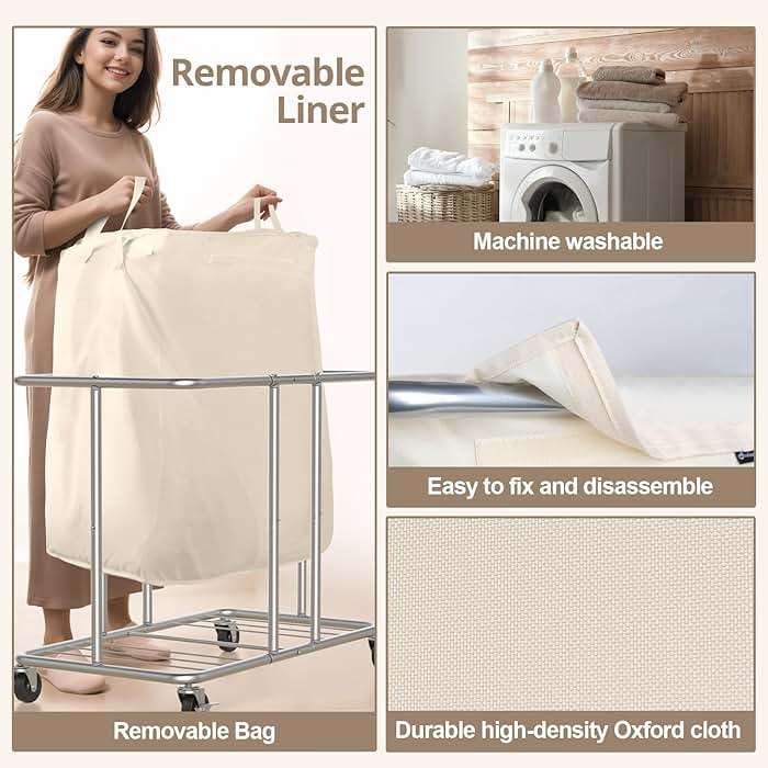 Hodonas 230L Rolling Laundry Hamper, 2-Section Laundry Basket with Wheels, 61 Gallons Laundry Sorter with Metal Structure and Removable Liner, Clothes Hamper for Laundry Room, Bathroom, Bedroom, Beige - Image 5