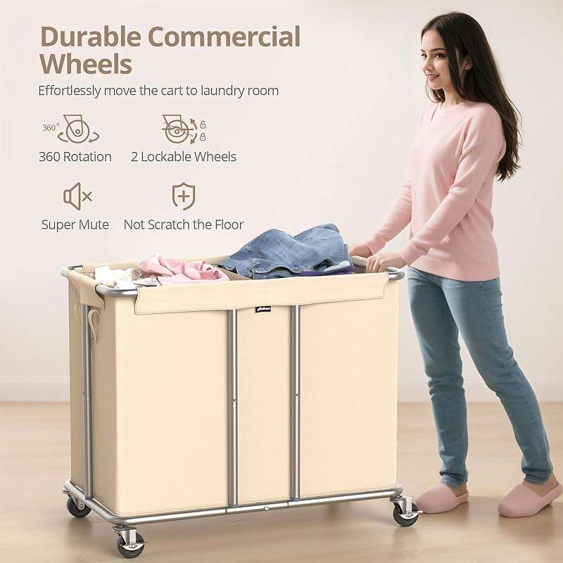 Hodonas 230L Rolling Laundry Hamper, 2-Section Laundry Basket with Wheels, 61 Gallons Laundry Sorter with Metal Structure and Removable Liner, Clothes Hamper for Laundry Room, Bathroom, Bedroom, Beige - Image 7