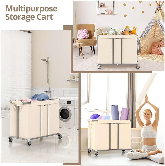 Hodonas 230L Rolling Laundry Hamper, 2-Section Laundry Basket with Wheels, 61 Gallons Laundry Sorter with Metal Structure and Removable Liner, Clothes Hamper for Laundry Room, Bathroom, Bedroom, Beige - Image 8