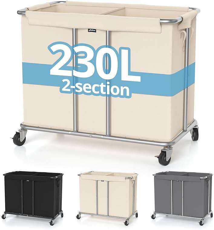 Hodonas 230L Rolling Laundry Hamper, 2-Section Laundry Basket with Wheels, 61 Gallons Laundry Sorter with Metal Structure and Removable Liner, Clothes Hamper for Laundry Room, Bathroom, Bedroom, Beige - Image 9