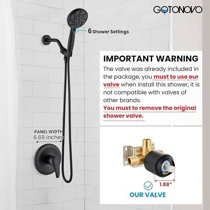 gotonovo Single-Handle Shower Faucet Set Shower Kit with Valve Shower Head and Handle Set Shower Trim Kit with 6 Modes ABS Handheld Shower Fixtures Shower Valve and Trim Kit Matte Black - Image 3